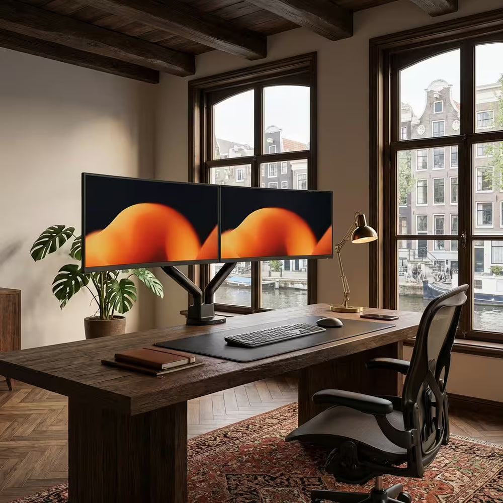 Support double moniteur Alberenz à ressort à gaz - Jusqu'à 35" - Avec USB - Noir