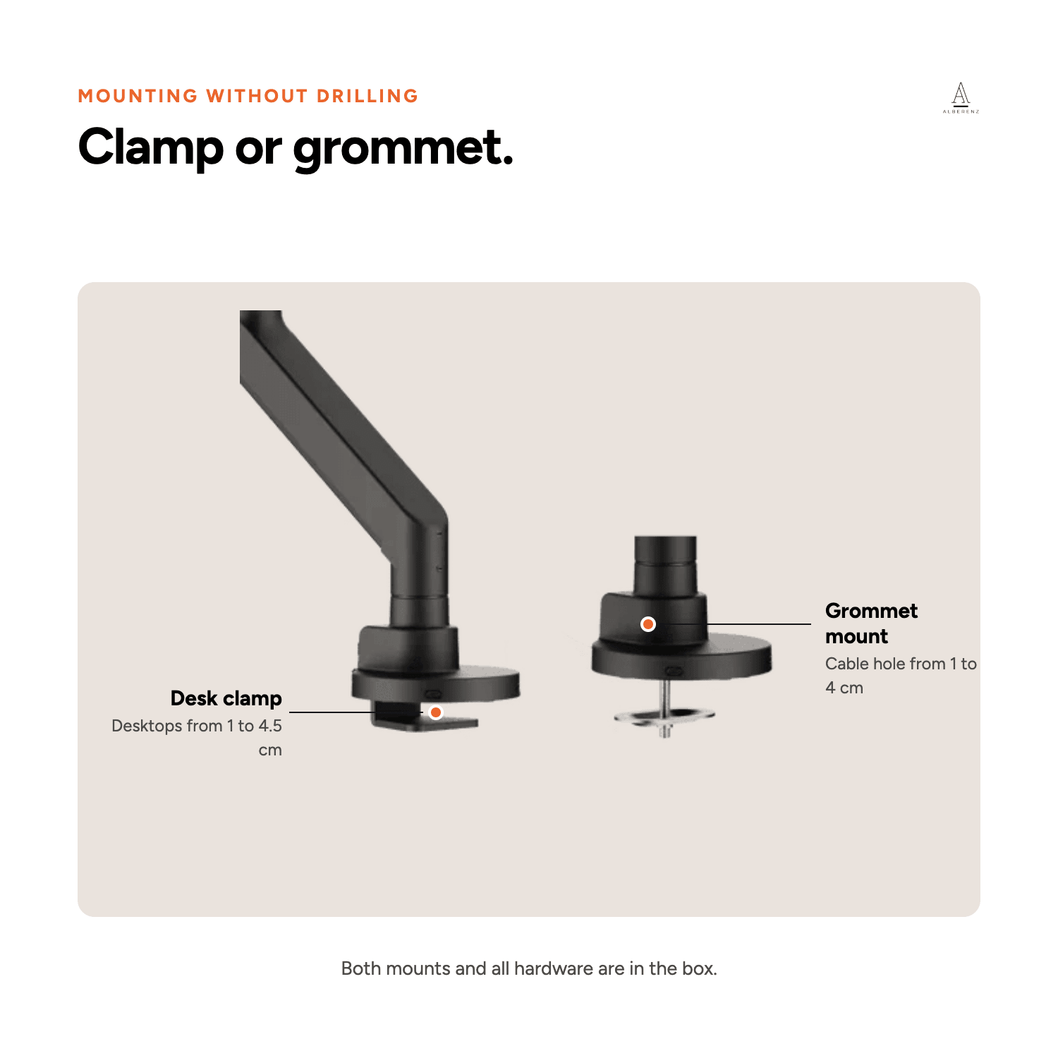 Mounting the Alberenz monitor arm with a desk clamp or grommet, no drilling