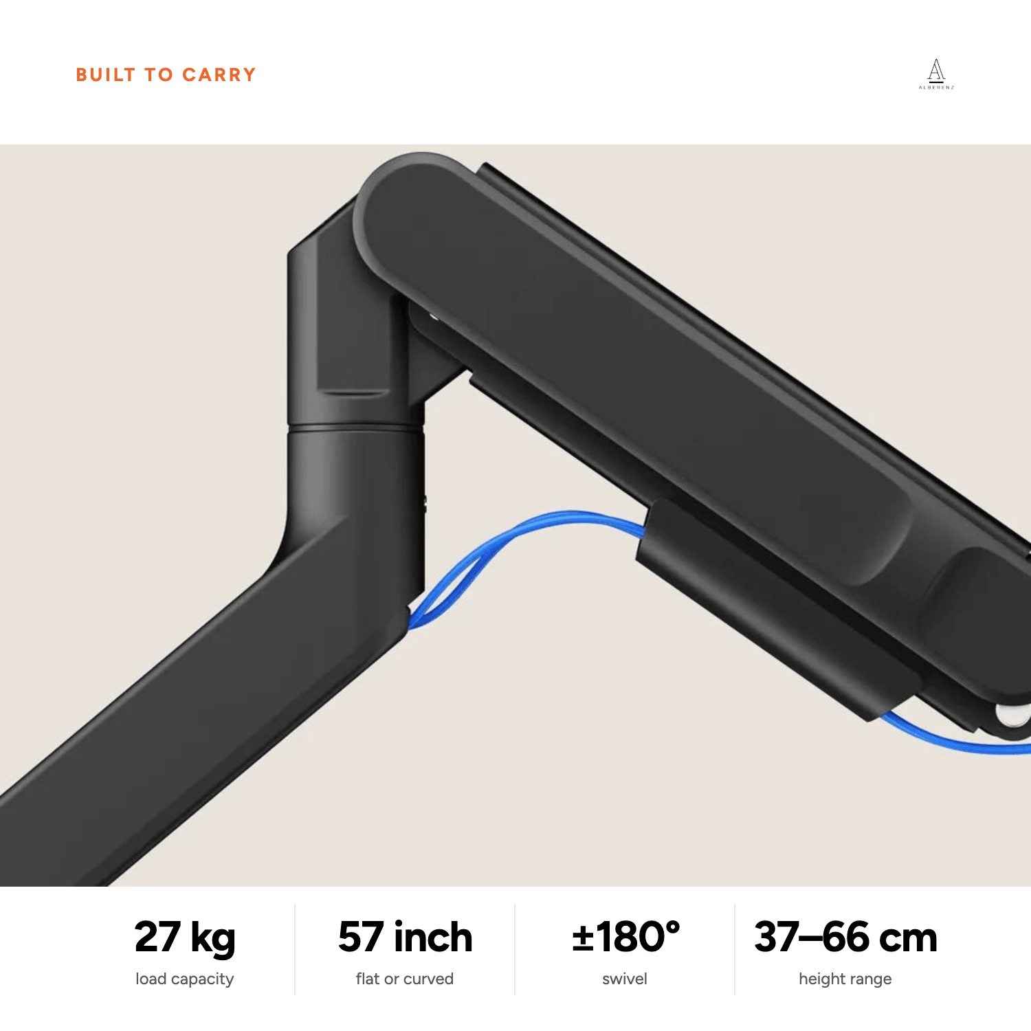 Alberenz Heavy Duty monitor arm: 27 kg load capacity, up to 57 inches, 180 degree swivel