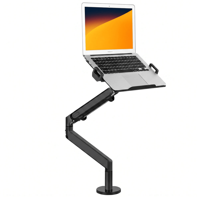 Alberenz laptop arm with gas spring holding a MacBook, front view on a white background