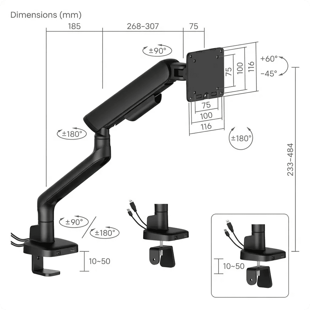 Bras de moniteur simple Alberenz à ressort à gaz - Jusqu'à 40 pouces - avec USB - Noir